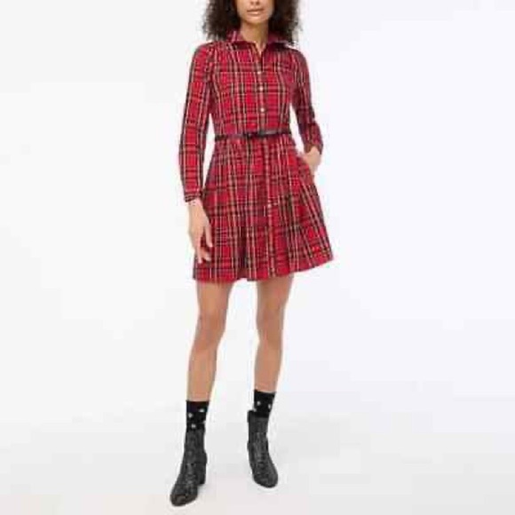 J.Crew Factory Red Green Tartan Plaid Collared Shirtdress Mini Dress Size 2 - Picture 2 of 16